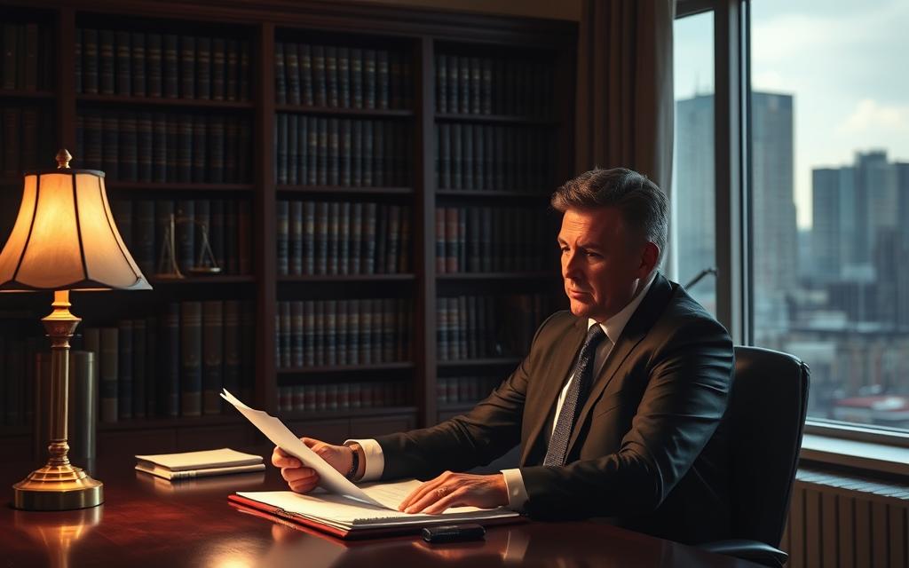 A Dimly Lit Law Office Interior, The Warm Glow Of A Desk Lamp Illuminating A Wooden Desk. In The Foreground, A Well-Dressed Attorney Sits Thoughtfully, Reviewing Legal Documents. Behind Them, A Bookshelf Filled With Volumes On Criminal Law Casts Long Shadows. Through A Window, The City Skyline Is Visible, Hinting At The Gravity Of The Legal Proceedings. The Atmosphere Is One Of Professional Expertise And Focused Consideration, Conveying The Depth And Nuance Of A Felony Assault Legal Defense.