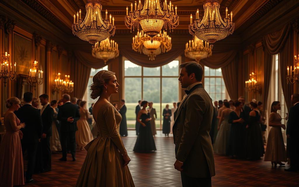A Grand Ballroom In The 19Th Century, Dimly Lit By Ornate Chandeliers Casting A Warm, Amber Glow. In The Foreground, A Prominent Historical Couple Stand Facing Each Other, Dressed In Lavish Period Attire - The Woman In A Flowing Silk Gown, The Man In A Tailored Suit. Their Gazes Are Locked, Conveying An Intimate Understanding As They Represent The Tradition Of Cousin Marriages Among The Aristocracy. In The Middle Ground, Guests In Opulent Evening Wear Mingle, Their Faces Obscured In The Soft Shadows. The Background Depicts A Sprawling Estate, Manicured Gardens Visible Through Tall Windows, Hinting At The Wealthy, Privileged World In Which This Scene Unfolds.