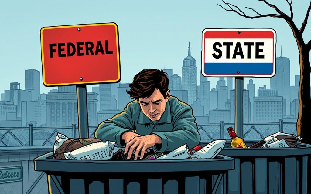 A Detailed Illustration Depicting The Contrasting Legal Landscape Of Dumpster Diving At The Federal And State Levels. In The Foreground, A Person Is Carefully Navigating Through A Dumpster, Their Expression Contemplative As They Sift Through The Contents. The Middle Ground Shows Two Distinct Signs - One Federal, One State - Conveying The Different Regulations Governing This Practice. The Background Features A Cityscape, Hinting At The Broader Context In Which These Laws Operate. The Scene Is Bathed In A Cool, Subdued Lighting, Creating An Atmosphere Of Thoughtful Consideration. Crisp, Realistic Rendering With A Focus On Capturing The Nuances Of This Complex Legal Issue.