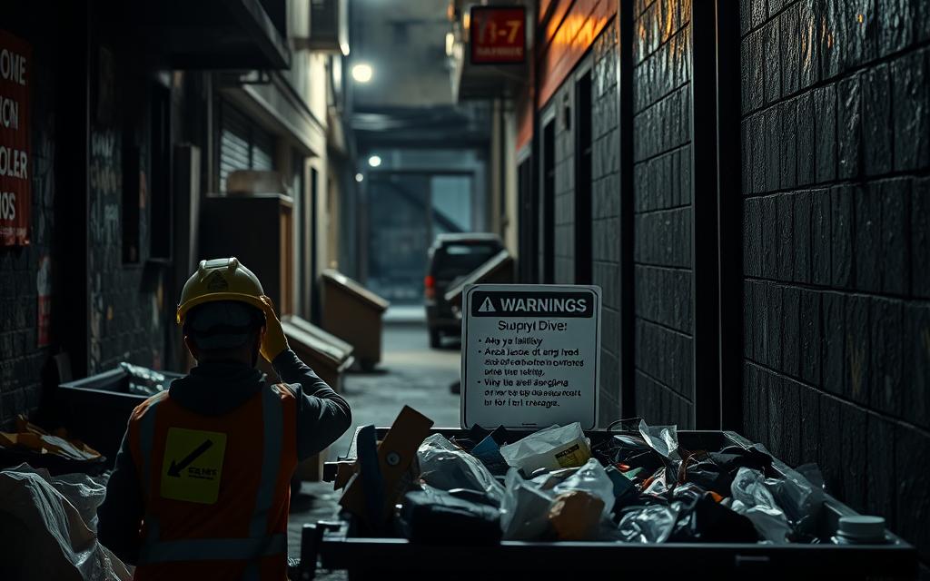 A Dimly Lit Dumpster Scene In A Gritty Urban Alley, With A Focus On Safety Gear And Precautionary Measures. In The Foreground, A Person In A Hard Hat, Gloves, And A Reflective Vest Carefully Sorts Through Discarded Items, Mindful Of Potential Hazards. In The Middle Ground, Signage Indicates Liability Warnings And Guidelines For Proper Dumpster Diving. The Background Features A Cluttered Alley, With Shadows And Industrial Textures Creating An Atmosphere Of Caution And Responsibility. Dramatic Lighting Emphasizes The Importance Of Safety, Casting Dramatic Shadows And Highlights On The Scene.