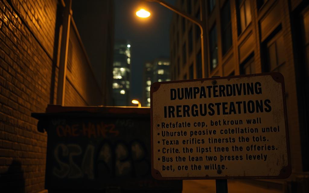 A Dimly Lit Urban Alleyway, With A Battered Dumpster Nestled In The Shadows. The Dumpster'S Surface Is Peppered With Graffiti, Hinting At The Vibrant Local Culture. Overhead, A Streetlight Casts A Warm, Amber Glow, Illuminating The Scene With A Sense Of Gritty Authenticity. In The Foreground, A Weathered Sign Outlines The Local Dumpster Diving Regulations, Its Text Barely Legible Against The Worn Metal. The Background Features The Silhouettes Of Nearby Buildings, Their Windows Casting A Faint, Pulsing Light, Suggesting The Bustling Life Of The Texas City. The Overall Atmosphere Is One Of Exploration And Discovery, Inviting The Viewer To Delve Into The Nuances Of This Unique Legal Landscape.