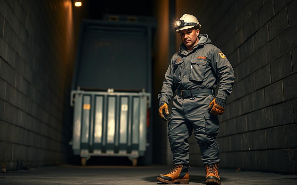 A Dumpster Diver Stands In A Dimly Lit Alley, Clad In A Sturdy Set Of Protective Gear. The Foreground Features A Thick, Reinforced Jumpsuit, Heavy-Duty Gloves, And Rugged Work Boots, All In A Muted Palette To Blend With The Surroundings. The Middle Ground Showcases A Hard Hat With A Built-In Headlamp, Casting A Warm Glow On The Scene. In The Background, A Towering Dumpster Looms, Its Metal Surface Reflecting The Soft Light. The Overall Atmosphere Conveys A Sense Of Caution And Preparedness, Highlighting The Importance Of Safety When Engaging In Dumpster Diving On Both Private And Public Property.