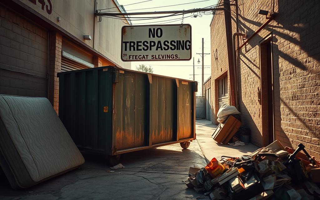 A Sun-Dappled Dumpster In A Cluttered Texas Alley, Casting Long Shadows Across Cracked Pavement. A Weathered 'No Trespassing' Sign Looms Overhead, Its Warning Etched In Faded Letters. In The Foreground, A Discarded Mattress And A Pile Of Discarded Goods Hint At The Legal Consequences Of Unauthorized Dumpster Diving. The Scene Is Tinged With A Sense Of Unease, As If The Very Air Whispers Of The Penalties That Await The Unwary Trespasser. Lighting Is Natural, With A Warm, Golden Glow Illuminating The Scene. The Camera Angle Is Low, Emphasizing The Imposing Presence Of The Dumpster And The Ominous Signage Above.